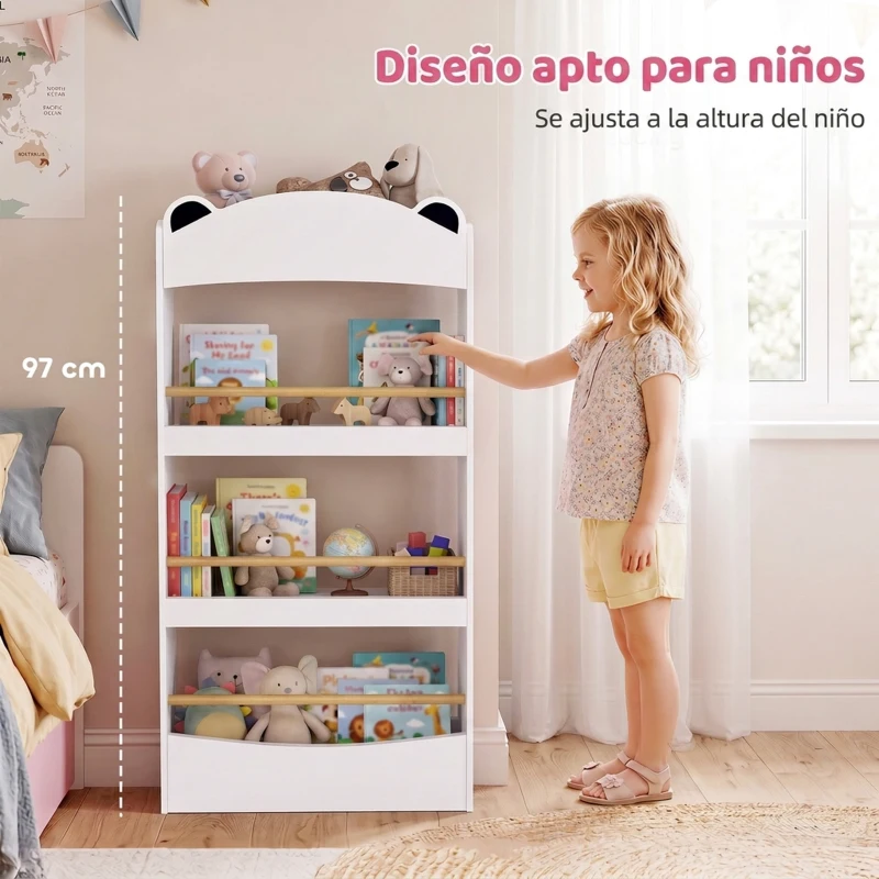 AIYAPLAY Librería Infantil de Pared de 4 Niveles Estantería para Libros Diseño de Osito para Dormitorio de 3 a 8 Años Blanco