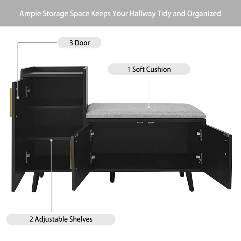 Modern Entryway Shoe Bench Storage Cabinet with Adjustable Shelves, Soft Storage Organiser Unit with Metal Handles, 100L x 34W x 69H cm, Black