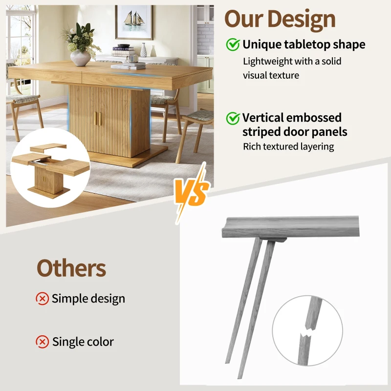 Extendable Dining Table with Integrated Storage, Space-Saving Kitchen Table with Grooved Doors and Shelves, 140-180L x 90W x 75H cm, Natural