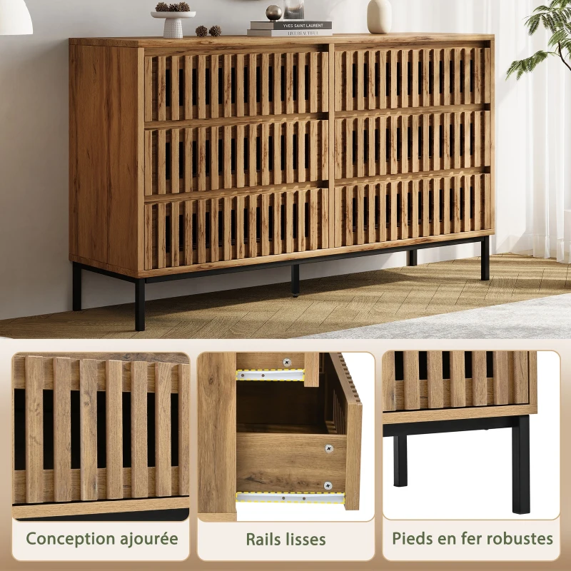 Modern Sideboard with 6 Ventilated Openwork Drawers, Practical Storage Cabinet for Hallway and Living Room, 120L x 40W x 81H cm, Natural