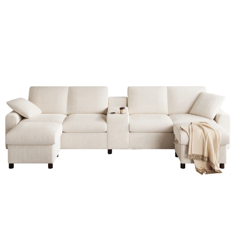Modern Corduroy U-Shaped Sectional Sofa with 2 Movable Storage Ottomans, Soft Luxury Couch with USB Charging Ports, 315L x 135W x 81H cm, Beige