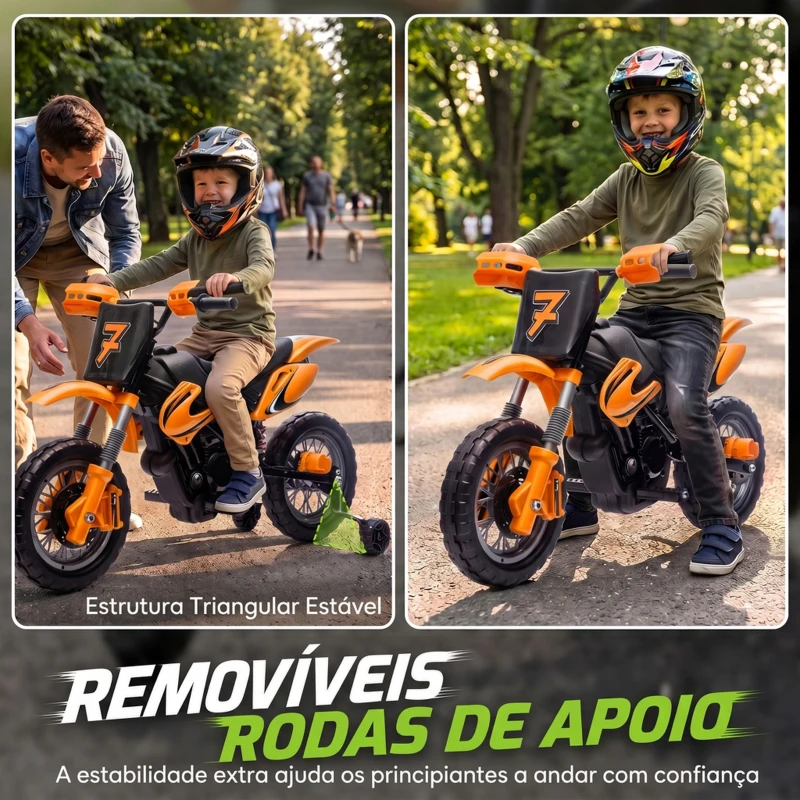 AIYAPLAY Moto Elétrica Infantil 12V com 2 Rodas Auxiliares Removíveis, 2 Motores, Suspensão Traseira, Música, 3 km/h, 3-6 Anos, Laranja