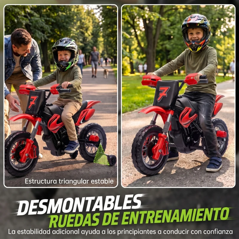 AIYAPLAY Moto Eléctrica Niños 12V con 2 Ruedas Auxiliares Desmontables 2 Motores Suspensión Trasera 3 km/h 3-6 Años Rojo
