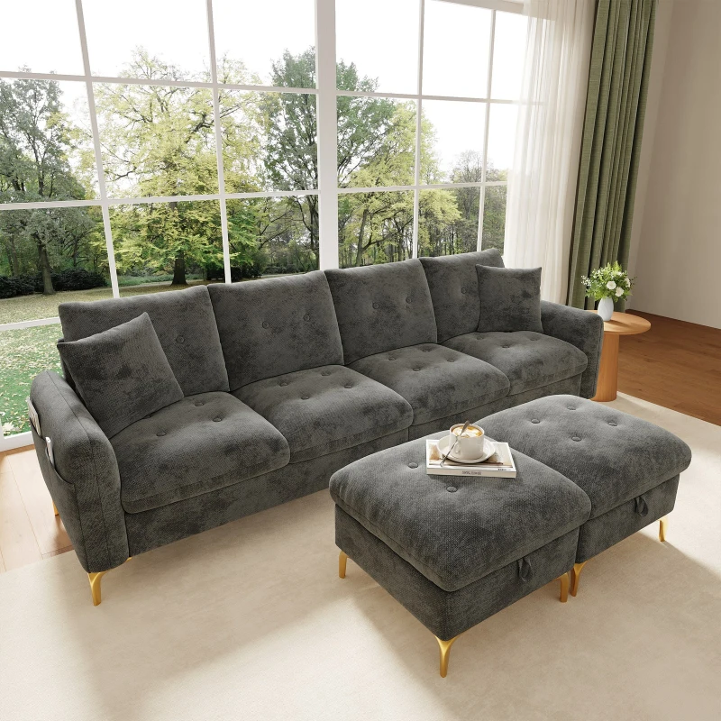 Modern U-Shaped Modular Sleeper Sofa with 2 Storage Ottomans, Soft Convertible Couch with 2 Decorative Cushions, 263L x 137W x 85H cm, Gray