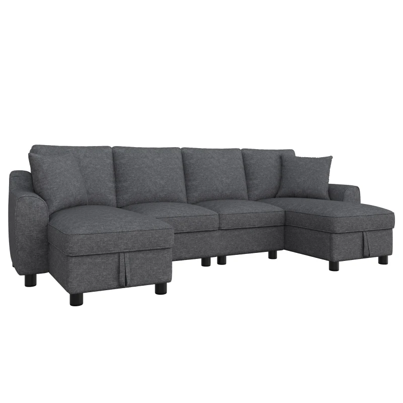 Modern Chenille U-Shaped Sectional Sofa with 2 Storage Chaise Lounges, Soft Convertible Couch with 2 Square Cushions, 272L x 131.5W x 84H cm, Grey
