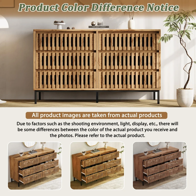 Modern Sideboard with 6 Ventilated Openwork Drawers, Practical Storage Cabinet for Hallway and Living Room, 120L x 40W x 81H cm, Natural