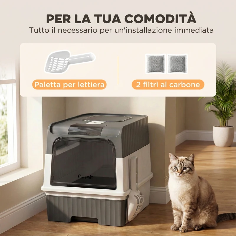 PawHut Lettiera Gatto Chiusa M con Coperchio, Vassoio Estraibile, Paletta, 2 Pacchetti Deodoranti, Grigio
