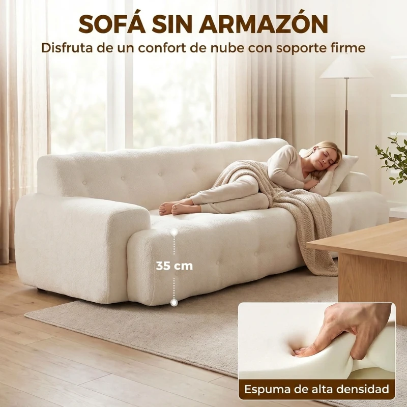 HOMCOM Sofá 3 Plazas de Chenilla sin Armazón con Asiento Profundo y Diseño Capitoné Blanco Crema