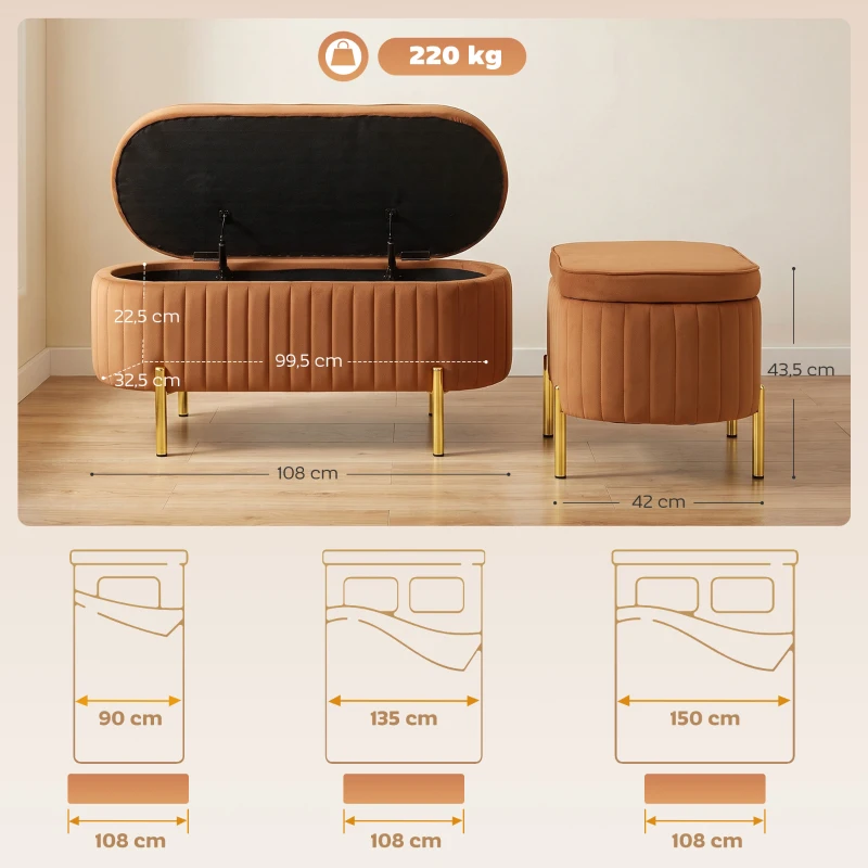 HOMCOM Banco Baú Oval de 72L com Tampo Rebatível, em Tecido Aveludado e Madeira, 108x44x43.5 cm, Marrom Dourado