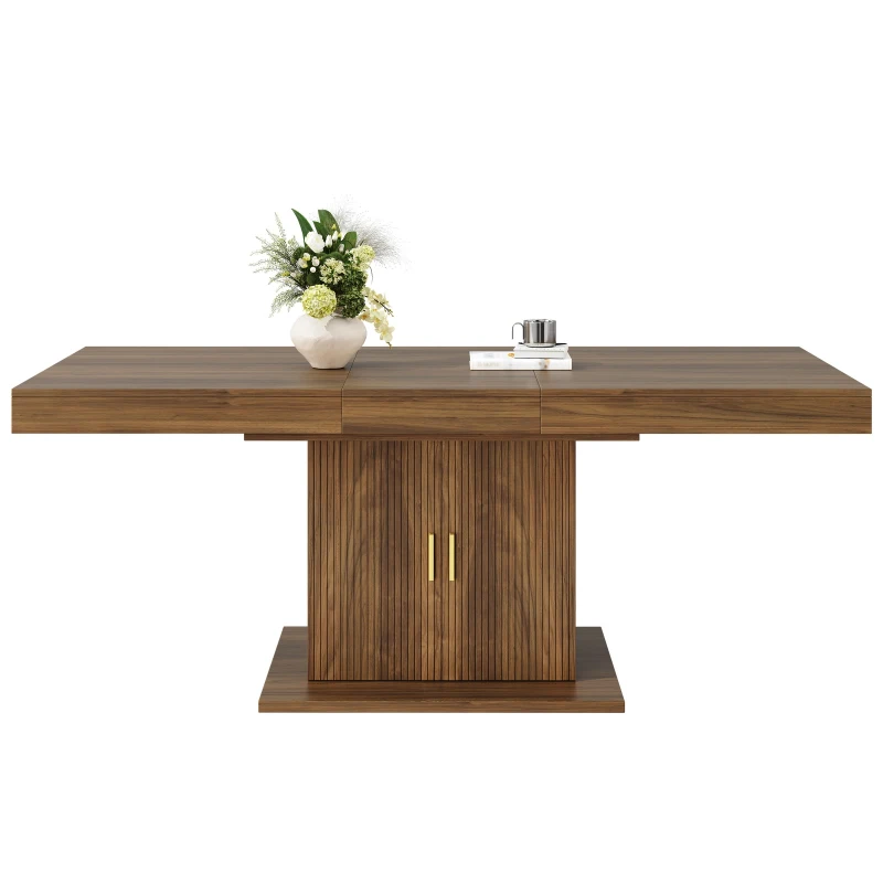Extendable Dining Table with Integrated Storage, Space-Saving Kitchen Table with Grooved Doors and Shelves, 140-180L x 90W x 75H cm, Walnut