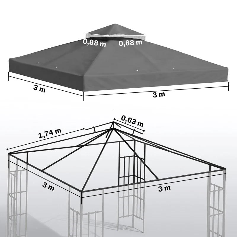 Outsunny Copertura per Gazebo da Giardino 3x3m UPF30+ a 2 Livelli in Poliestere Grigio Scuro