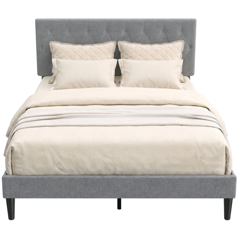 HOMCOM Bettgestell 140 x 190 cm mit Lattenrost, Gepolstertes Doppelbett mit Leinenbezug, Gepolstertes Kopfteil, 10 Latten, Grau