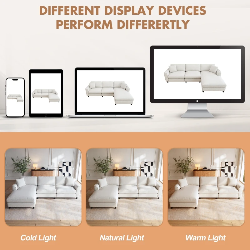 Modern L-Shaped Sectional Sofa with Reversible Chaise Lounge, Modular Corner Couch with Extra‑Wide Chaise Seat, 256L x 137W x 79H cm, Beige