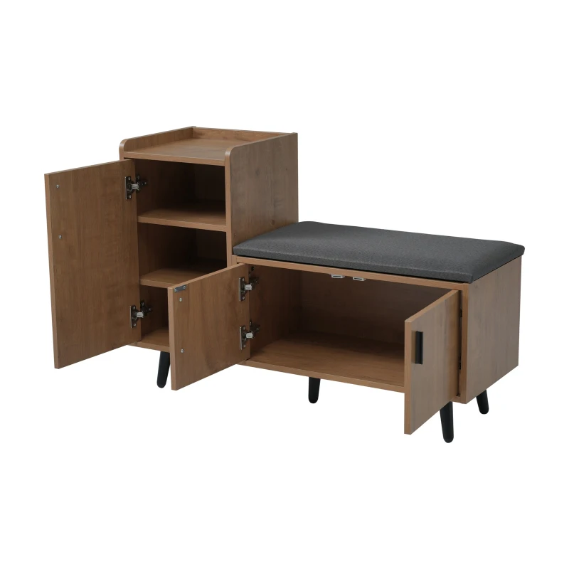 Modern Wooden Shoe Bench with Padded Cushioned Seat, Soft Shoe Storage Organiser with Adjustable Shelves, 100L x 34W x 69H cm, Natural