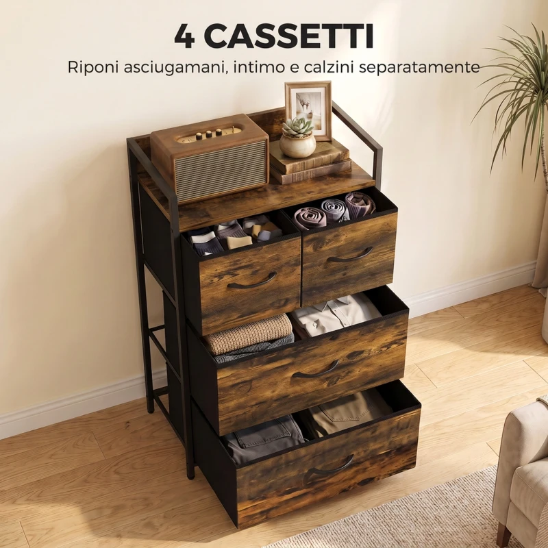 HOMCOM Cassettiera con 4 Cassetti e Telaio in Metallo, Marrone Rustico