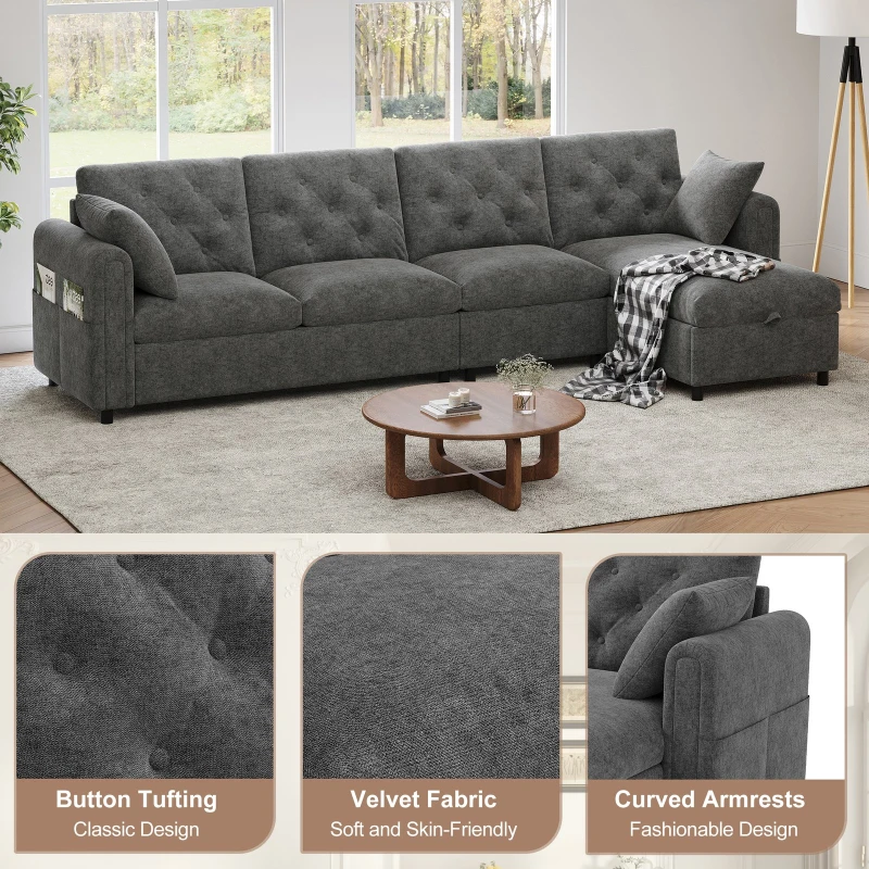 Modern Velvet L-Shaped Sectional Sofa with Reversible Storage Chaise and Tufted Back, Soft Corner Couch for Living Room, 281L x 132W x 86H cm, Grey