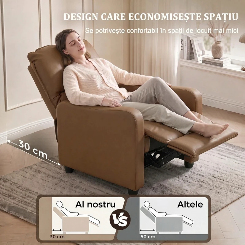 HOMCOM Fotoliu Relax Reclinabil Manual 155° cu Suport pentru Picioare, din Piele Ecologică PU, pentru Living și Dormitor, Maro închis