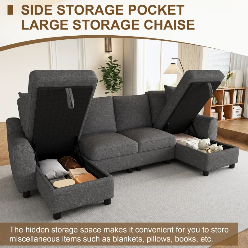 Modern Chenille U-Shaped Sectional Sofa with 2 Storage Chaise Lounges, Soft Convertible Couch with 2 Square Cushions, 272L x 131.5W x 84H cm, Grey
