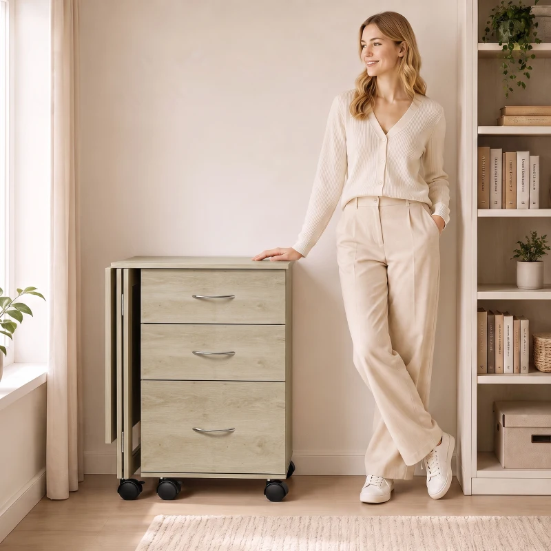 HOMCOM Escritorio Plegable con Ruedas con Freno 3 Cajones y Superficie Abatible Diseño Moderno 107x50x72 cm Roble