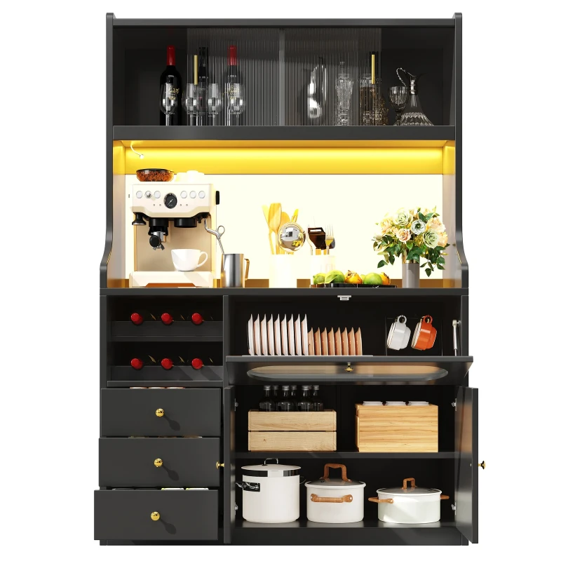 Tall Kitchen Cabinet with App-Controlled RGB LED and Glass Doors, Storage Unit with Wine Rack and 3 Drawers, 120L x 40W x 180H cm, Black