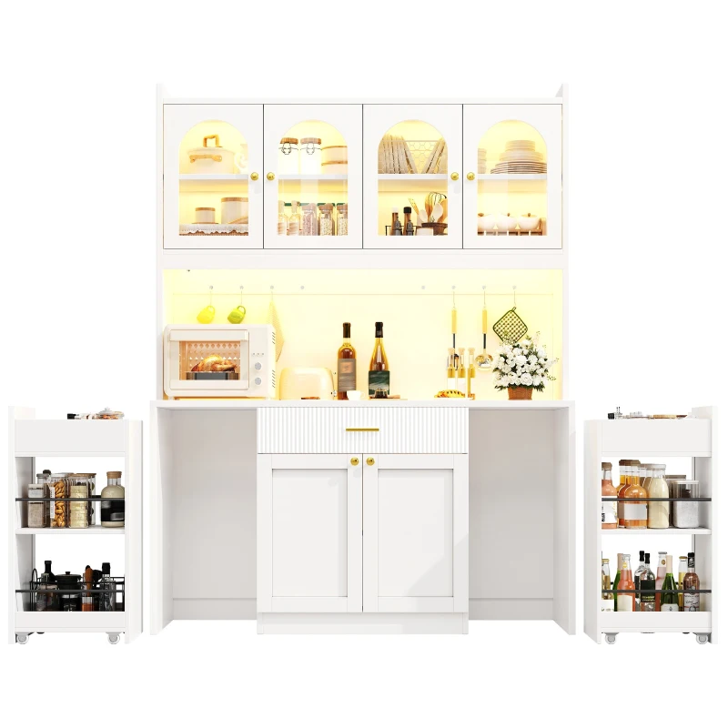 Modern Kitchen Cabinet with App-Controlled RGB LED, Storage Cabinet with Roll-Out Shelves and Glass Doors, 120L x 40W x 187H cm, White