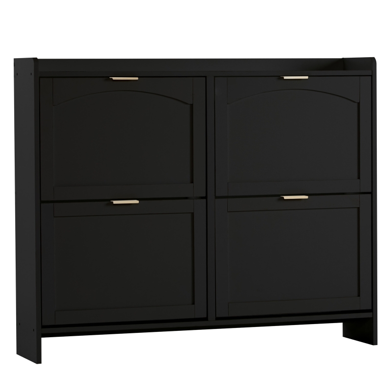 Modern Wooden Shoe Cabinet with 4 Flip Drawers, Space-Saving Storage Organiser with Side Umbrella Hooks, 110L x 24W x 90H cm, Black
