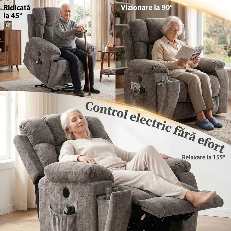 HOMCOM Fotoliu Electric cu Ridicare și Reclinare 155°, Masaj în 8 Puncte, Încălzire, din Chenille, Gri Închis