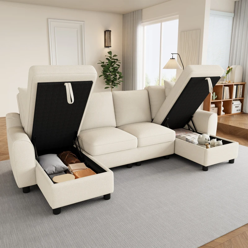 Modern Chenille U-Shaped Sectional Sofa with 2 Storage Chaise Lounges, Soft Convertible Couch with 2 Square Cushions, 272L x 131.5W x 84H cm, Beige