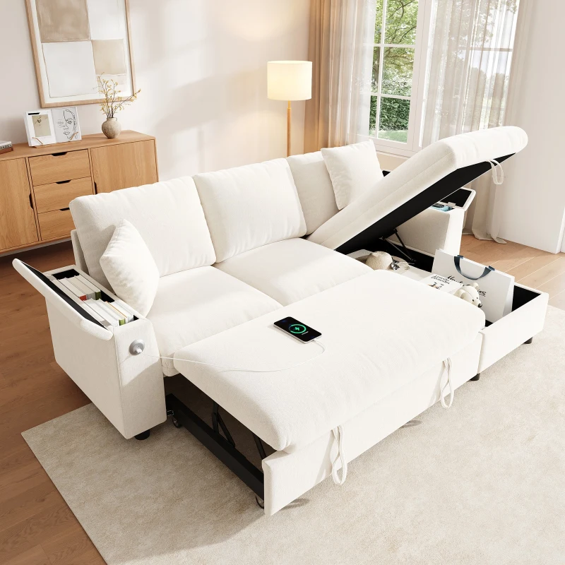 L-Shaped Sofa Bed with USB/USB-C Ports and Pull-Out Sleeper, Soft Reversible Corner Couch with Hidden Chaise Storage, 200L x 137W x 85H cm, Beige