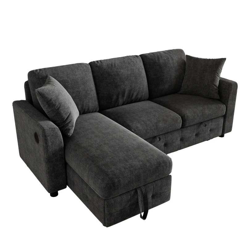 Modern Chenille L-Shaped Sectional Sofa with Storage Chaise Lounge, Soft Convertible Sleeper Couch with 2 Cushions, 200L x 130.5W x 83.5H cm, Gray