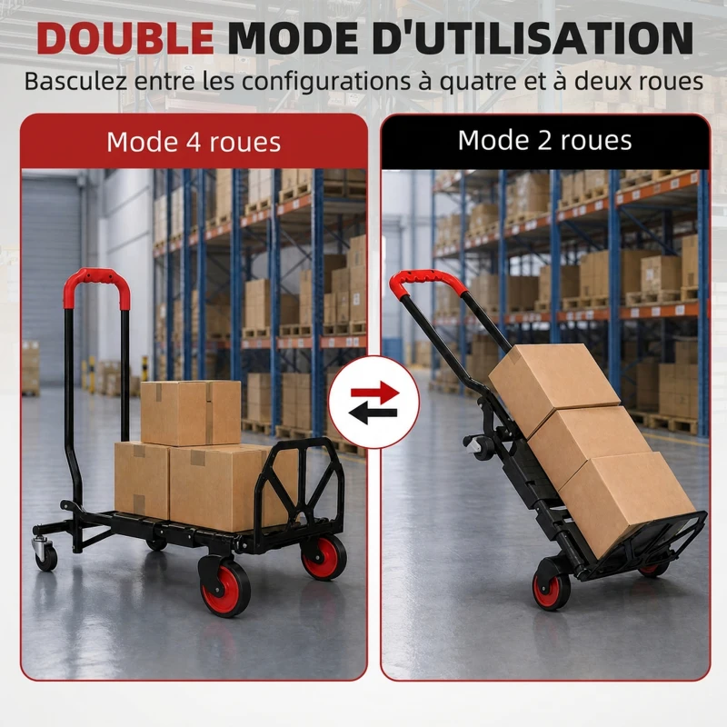 HOMCOM Diable et Chariot de Transport à Roulettes Pliable 2-en-1, Charge Max 120 kg, Base Rabattable, Acier, 83x44x78cm, Rouge