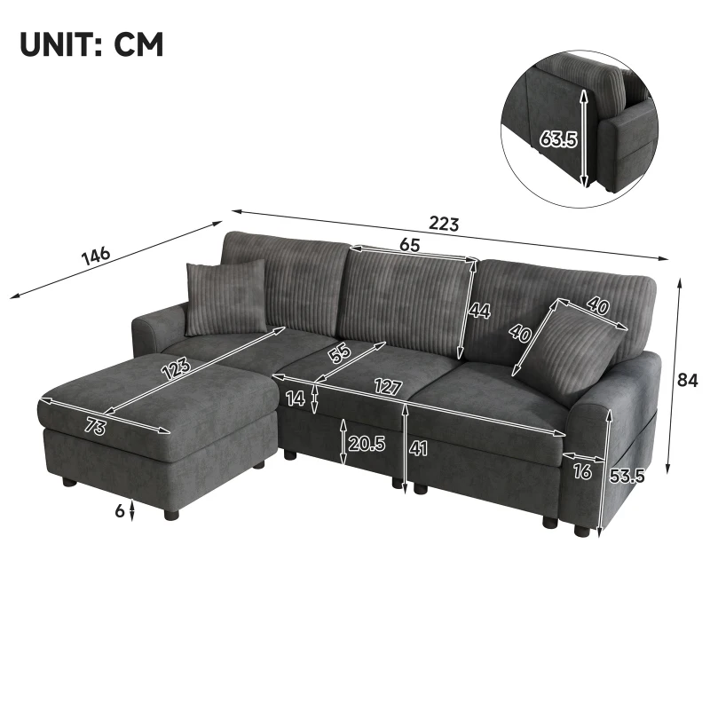 Modern Upholstered Sectional Sofa with USB Type-C Charging Ports, Soft Convertible Couch with 2 square cushions, 223L x 146W x 84H cm, Dark Grey