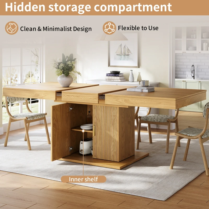 Extendable Dining Table with Integrated Storage, Space-Saving Kitchen Table with Grooved Doors and Shelves, 140-180L x 90W x 75H cm, Natural