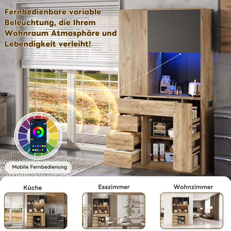 Modern Tall Kitchen Pantry Sideboard with 4-Tier Pull-Out Organiser, Freestanding Storage Cupboard with Power Outlets, 105L x 40W x 185H cm, Black