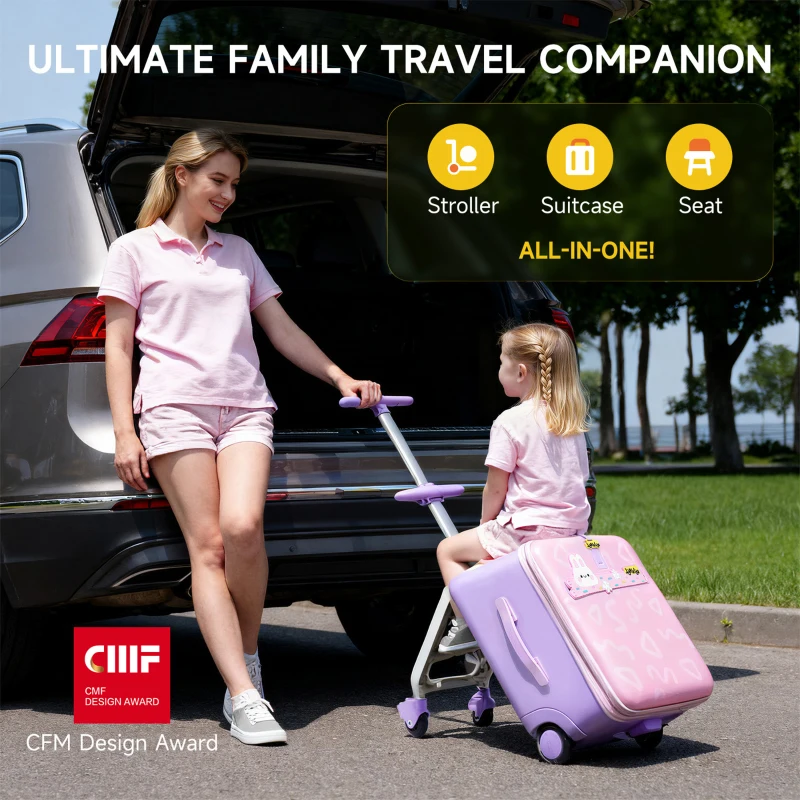 Fun Ride-On Kids Suitcase with Universal 360 Wheels, 3-in-1 Trolley Cabin Hand Luggage Carry On Bag with Armrests, 39L x 28.5W x 57H cm, Pink