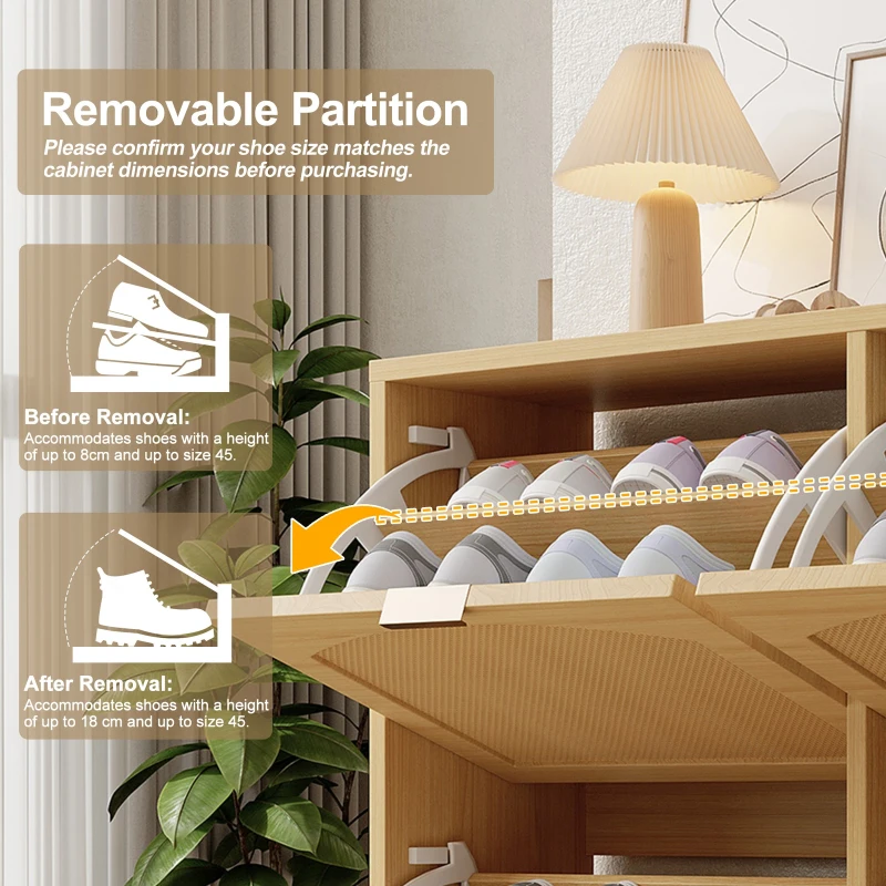 Rattan Narrow Shoe Cabinet with 4 Flip Drawers, Space-Saving Entryway Storage for Hallway, 100L x 25W x 90.5H cm, Light Oak