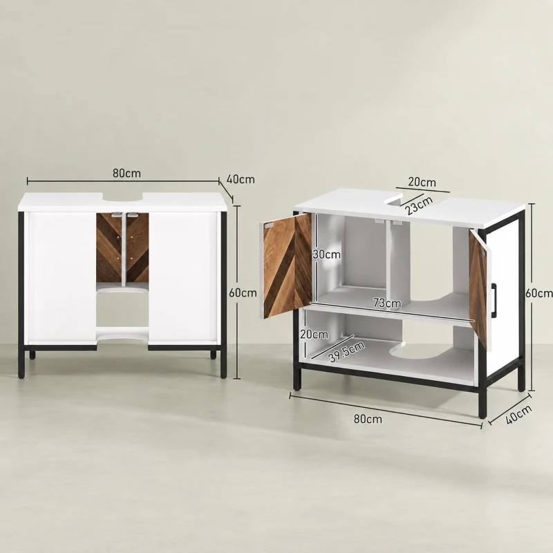 HOMCOM Under Sink Bathroom Cabinet, Rustic Under Sink Cabinet for Basin with or without Pedestal, Cream White and Walnut