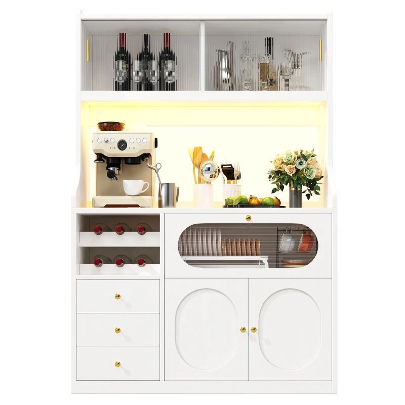 Tall Kitchen Cabinet with App-Controlled RGB LED and Glass Doors, Storage Unit with Wine Rack and 3 Drawers, 120L x 40W x 180H cm, White