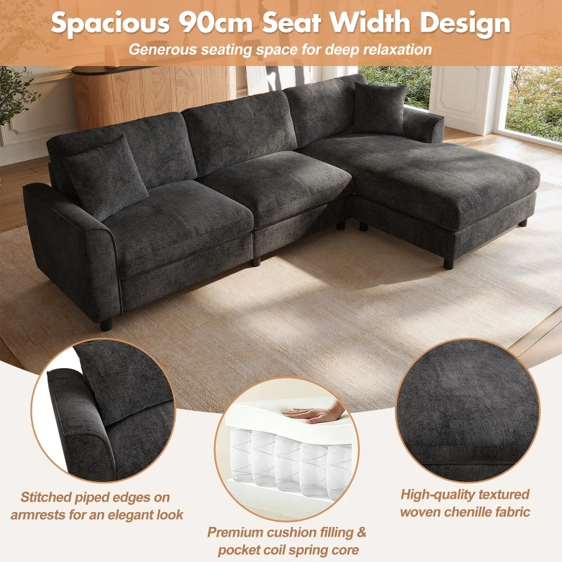 Modern L-Shaped Sectional Sofa with Reversible Chaise Lounge, Modular Corner Couch with Extra‑Wide Chaise Seat, 256L x 137W x 79H cm, Gray