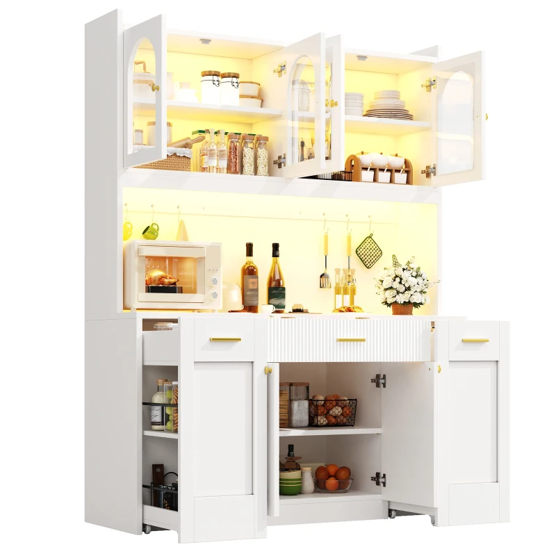 Modern Kitchen Cabinet with App-Controlled RGB LED, Storage Cabinet with Roll-Out Shelves and Glass Doors, 120L x 40W x 187H cm, White