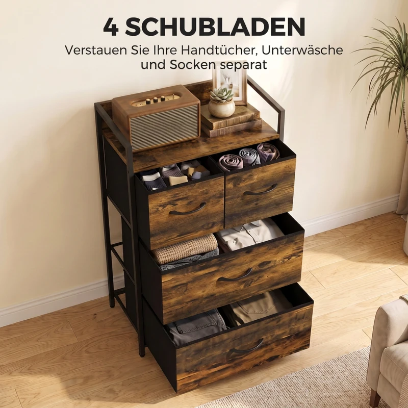 HOMCOM Kommode, Sideboard, 4 Stoffschubladen, Industrial Design, 50x29x85cm, Braun/Schwarz