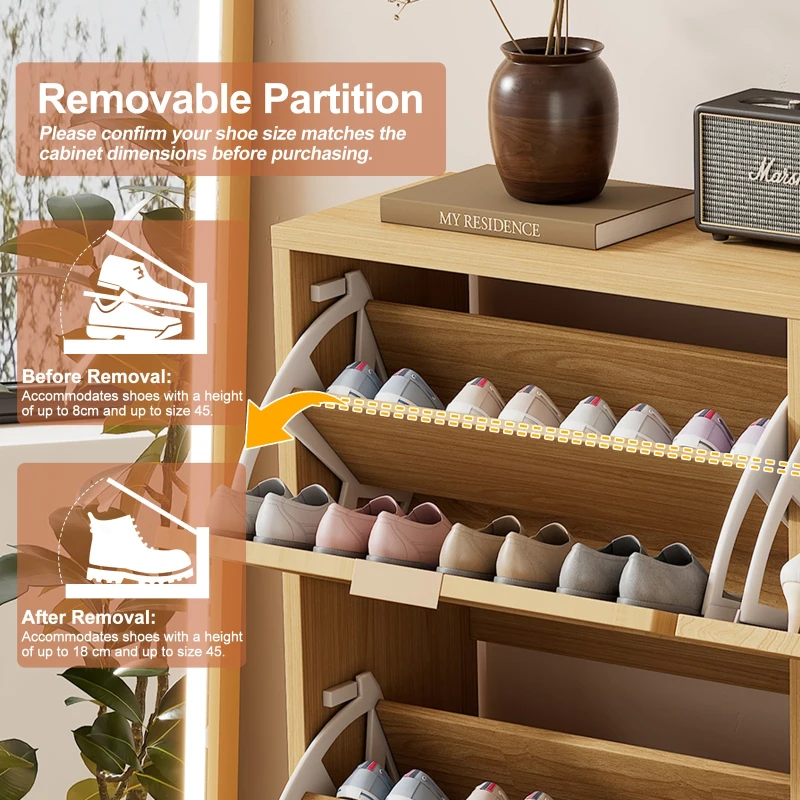Rattan Narrow Shoe Cabinet with 4 Flip Drawers, Space-Saving Entryway Storage for Hallway, 100L x 25W x 90.5H cm, Light Oak