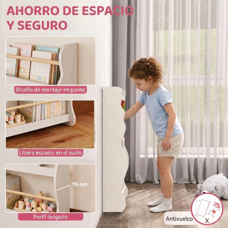 AIYAPLAY Librería Infantil de Pared de 3 Niveles Estantería para Libros para Dormitorio Guardería de 3 a 8 Años Blanco