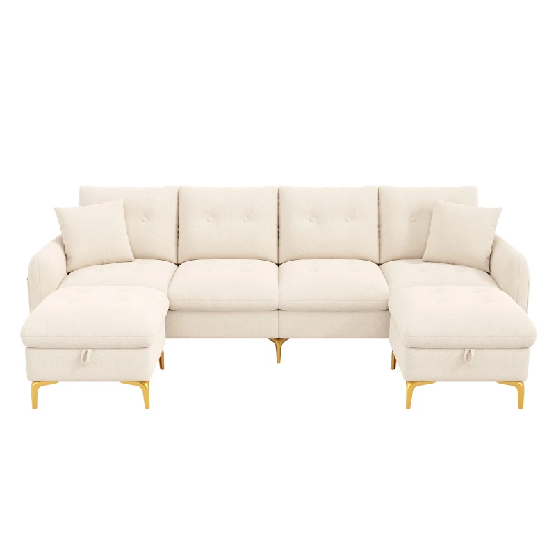 Modern U-Shaped Modular Sleeper Sofa with 2 Storage Ottomans, Soft Convertible Couch 2 Decorative Cushions, 263L x 137W x 85H cm, Beige