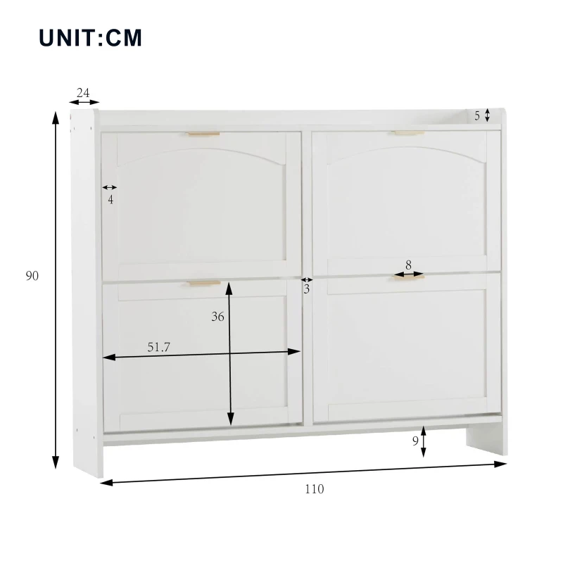 Modern Wooden Shoe Cabinet with 4 Flip Drawers and Open Shelves, Space-Saving Organiser Cupboard for Hallway, 110L x 24W x 90H cm, White