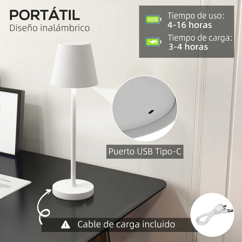 HOMCOM Lámpara de Mesita de Noche con Luces LED Lámpara de Mesa Inalámbrica USB-C Recargable 3 Colores Ø11,2x36,5 cm Blanco