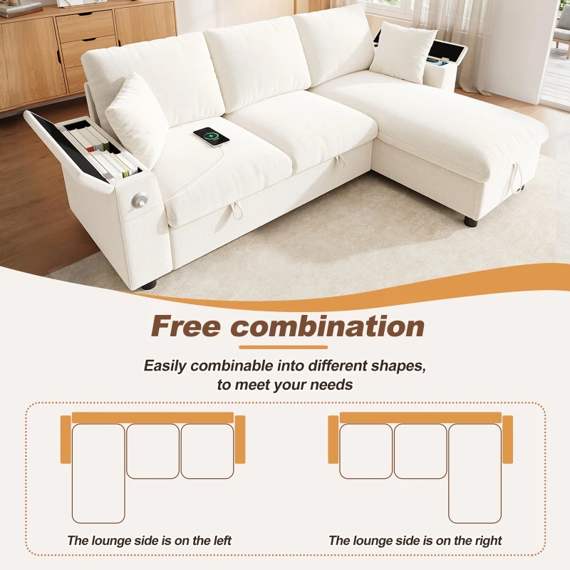 L-Shaped Sofa Bed with USB/USB-C Ports and Pull-Out Sleeper, Soft Reversible Corner Couch with Hidden Chaise Storage, 200L x 137W x 85H cm, Beige