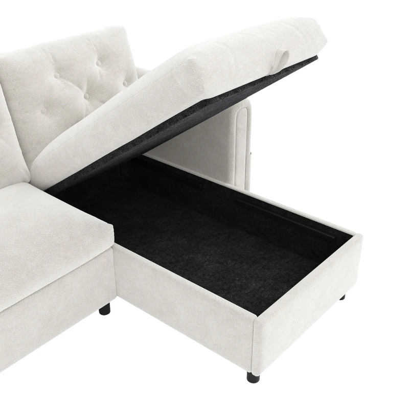 Modern Velvet L-Shaped Sectional Sofa with Storage Chaise and Tufted Back, Soft Corner Couch with Reversible Corner, 281L x 132W x 86H cm, BeigeStorage Chaise