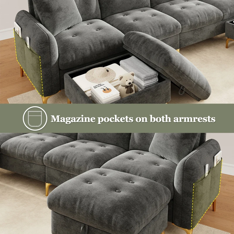 Modern U-Shaped Modular Sleeper Sofa with 2 Storage Ottomans, Soft Convertible Couch with 2 Decorative Cushions, 263L x 137W x 85H cm, Gray