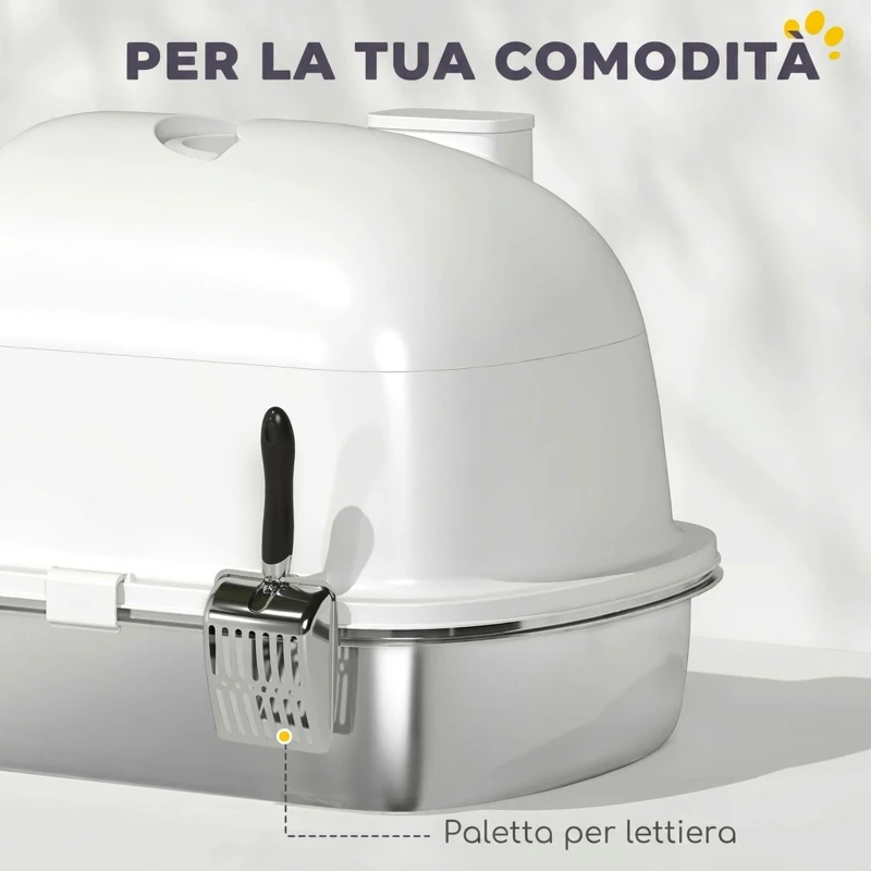 PawHut Lettiera Gatto Chiusa L in Acciaio Inox con Maniglia, Paletta, Pacchetto Deodorante, Antiperdita, Bianco